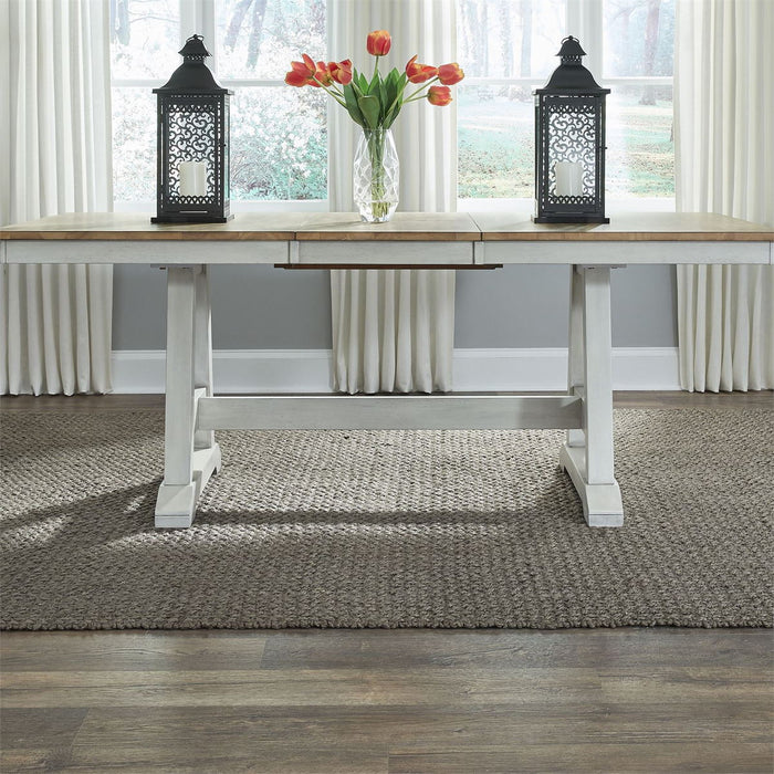 Liberty Furniture Lindsey Farm Trestle Dining Table in Weathered White & Sandstone - J. Patrick’s Furniture (Pooler, GA)
