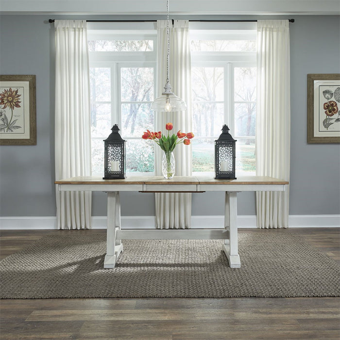 Liberty Furniture Lindsey Farm Trestle Dining Table in Weathered White & Sandstone - J. Patrick’s Furniture (Pooler, GA)