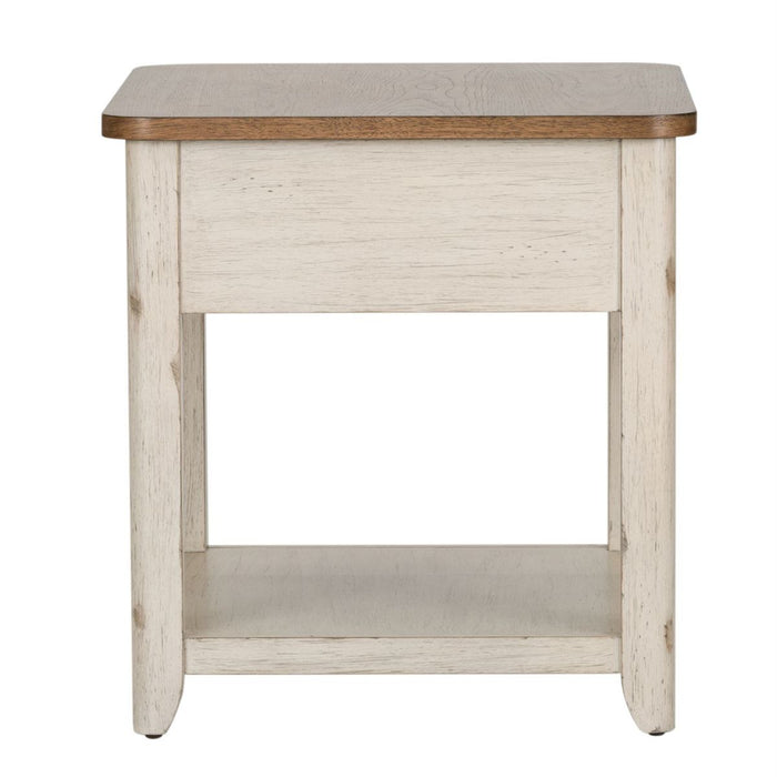 Liberty Farmhouse Reimagined End Table with Basket in Antique White - J. Patrick’s Furniture (Pooler, GA)
