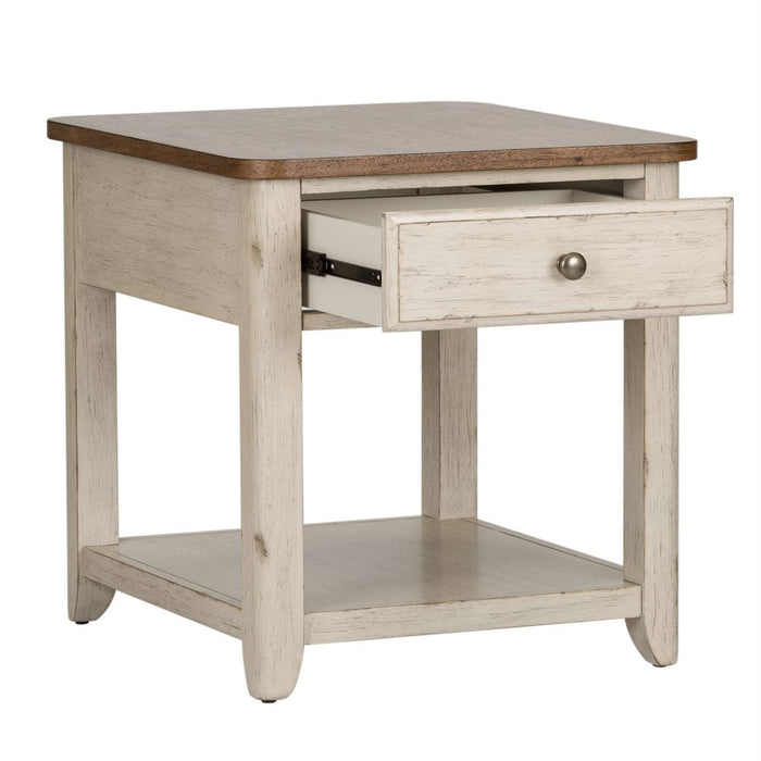 Liberty Farmhouse Reimagined End Table with Basket in Antique White - J. Patrick’s Furniture (Pooler, GA)