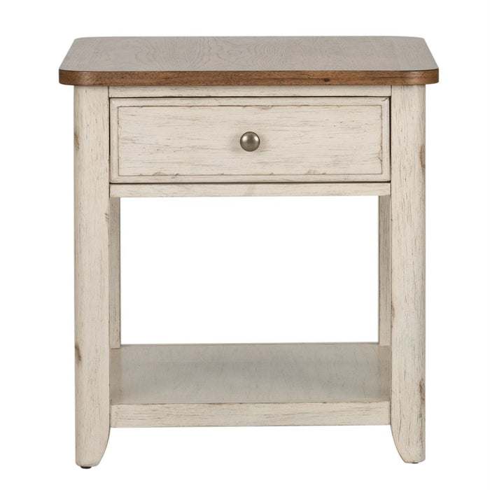 Liberty Farmhouse Reimagined End Table with Basket in Antique White - J. Patrick’s Furniture (Pooler, GA)