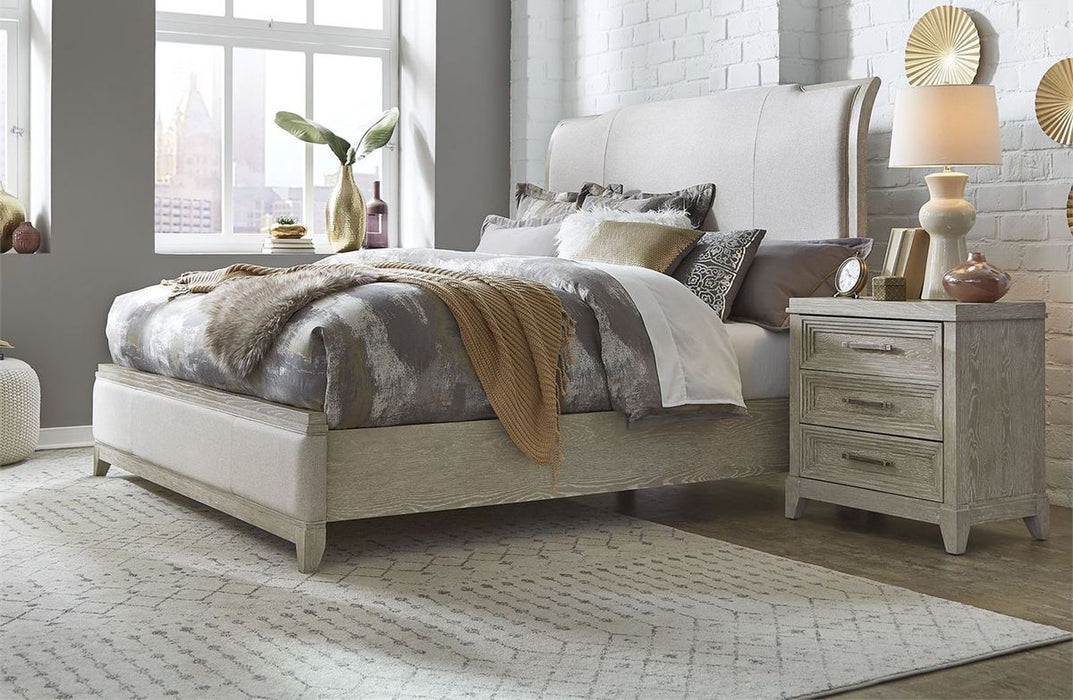 Liberty Furniture Belmar Queen Upholstered Sleigh Bed in Washed Taupe and Silver Champagne - J. Patrick’s Furniture (Pooler, GA)