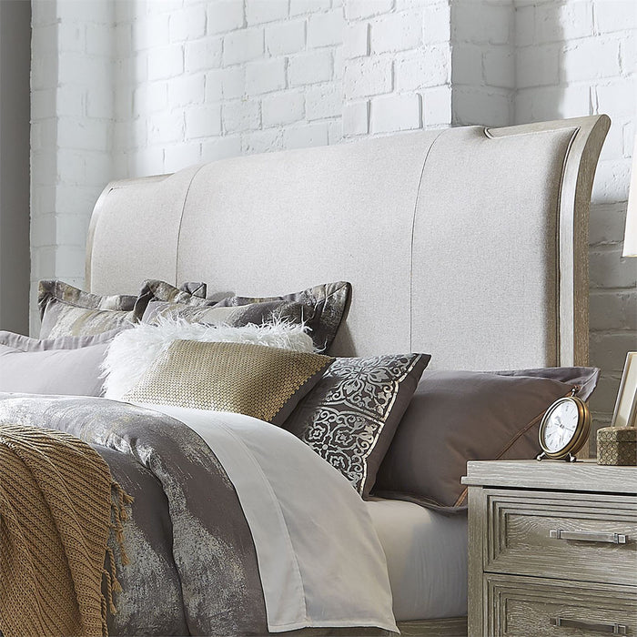 Liberty Furniture Belmar Queen Upholstered Sleigh Bed in Washed Taupe and Silver Champagne - J. Patrick’s Furniture (Pooler, GA)