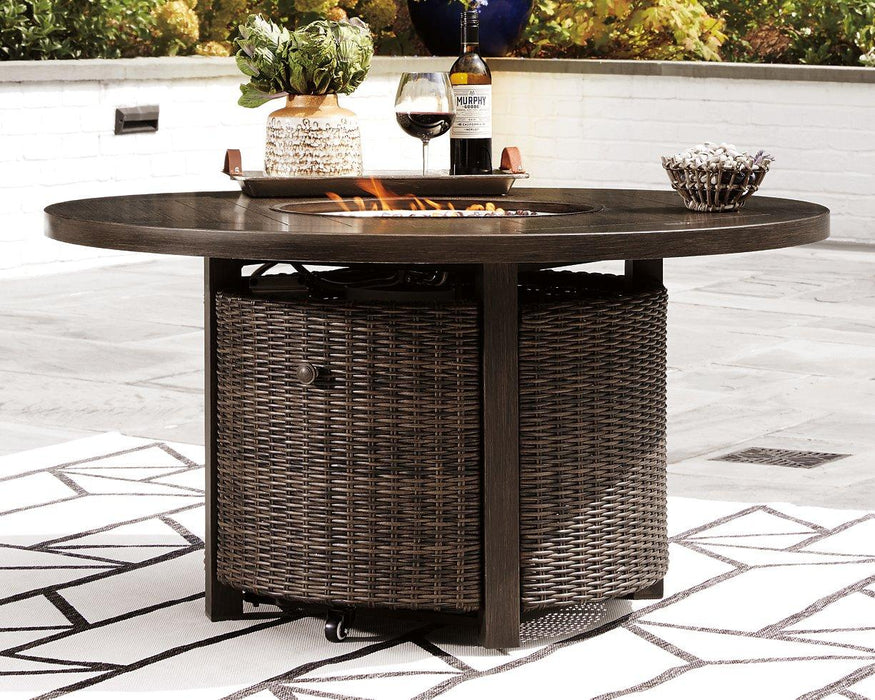 Paradise Trail Paradise Trail Fire Pit Table with 4 Nuvella Swivel Lounge Chairs - J. Patrick’s Furniture (Pooler, GA)