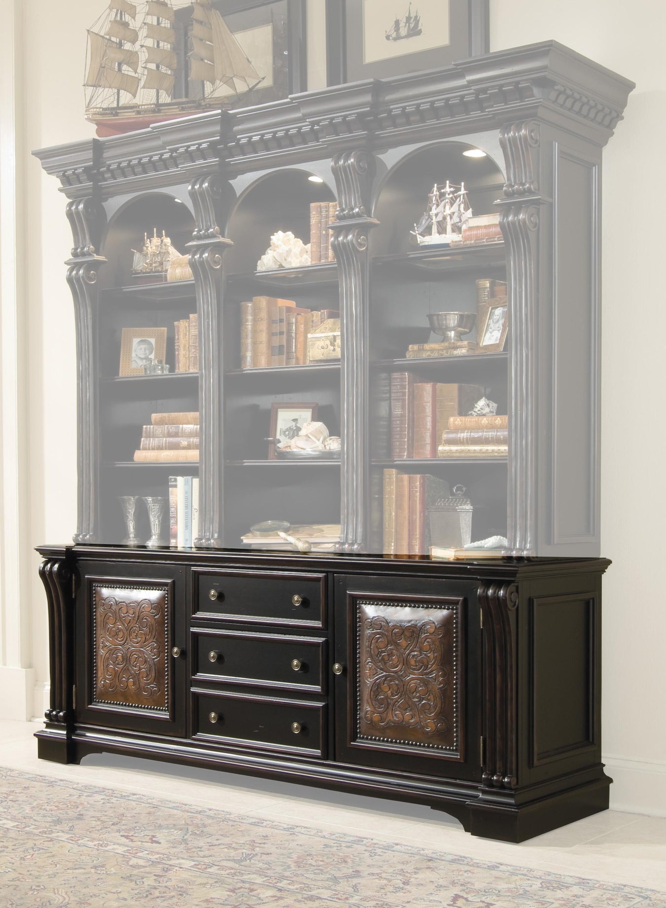 Cherry Veneers with Carved Leather and Nailhead Trim
